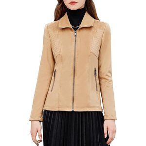 Women Faux Leather Jacket Soft Snap Button Down Shirt Shacket with Pocket